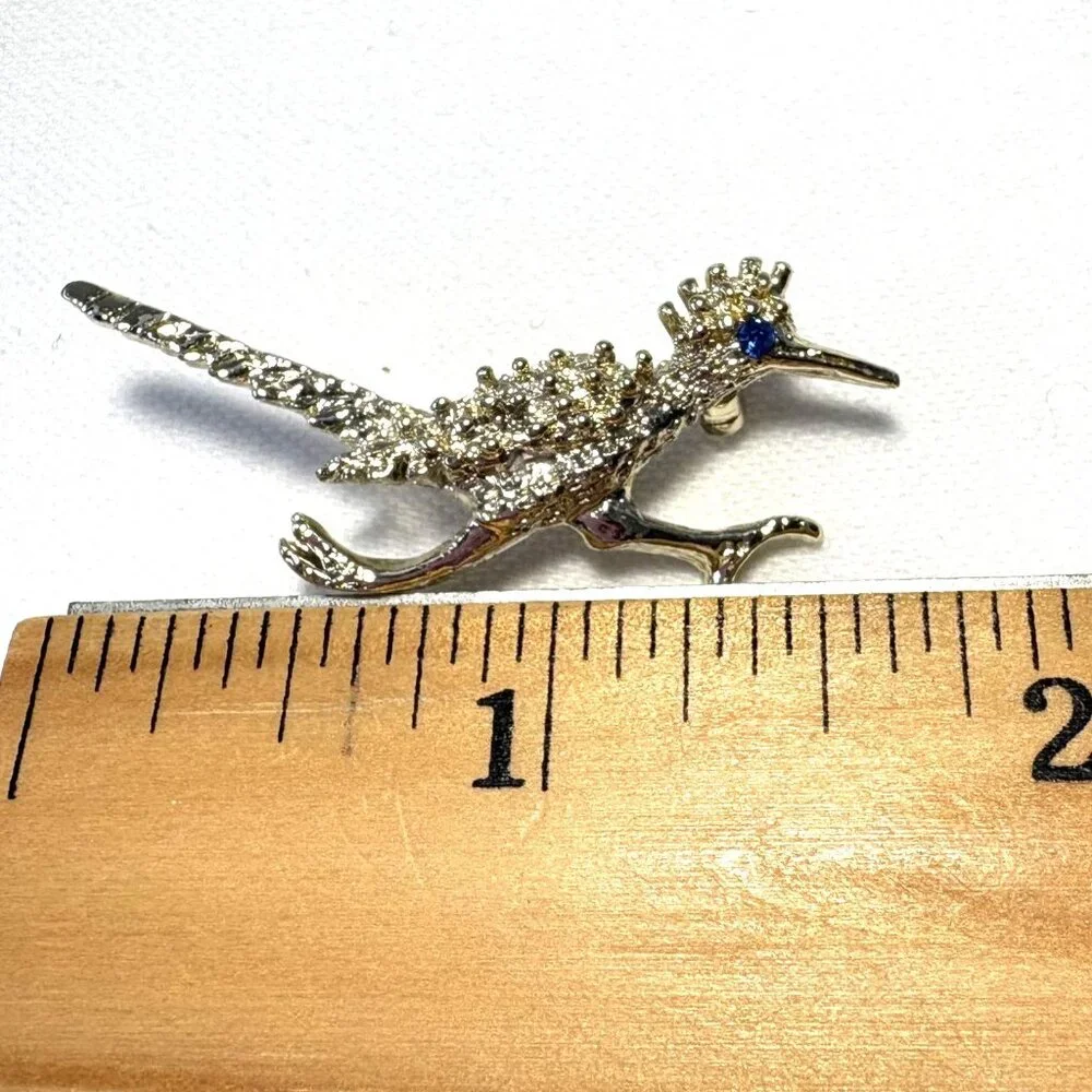 Vintage Silver Tone Roadrunner Bird Brooch Pin Sapphire‎ Blue Rhinestone Eye